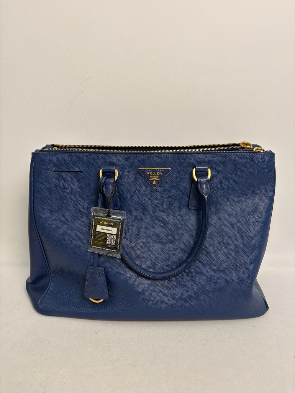 Prada Blue Saffiano Leather Satchel with Gold-Tone Hardware